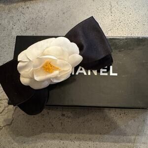Chanel Vintage Camellia Bow Fabric Barrette 1980s Authentic CoA